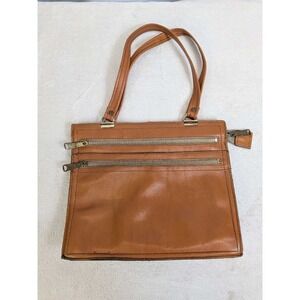 Vintage Brown Leather Shoulder Bag - Multi Zip Tote Purse